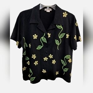 M266) M.Mac Men's Black Flower Leaf Print Button Front  Short Sleeve Shirt